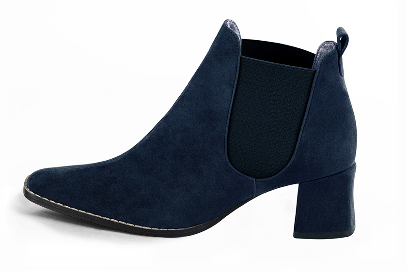 Navy blue women's ankle boots, with elastics. Square toe. Medium block heels. Profile view - Florence KOOIJMAN
